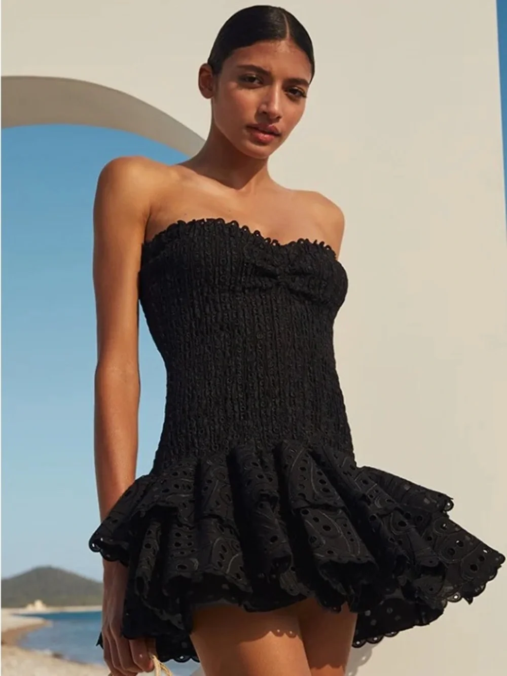NEW NWT Charo Ruiz Ibiza Megan Smocked Mini Dress In Black - Picture 1 of 13